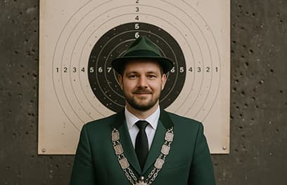 Schütze mit Königskette vor einer Zielscheibe