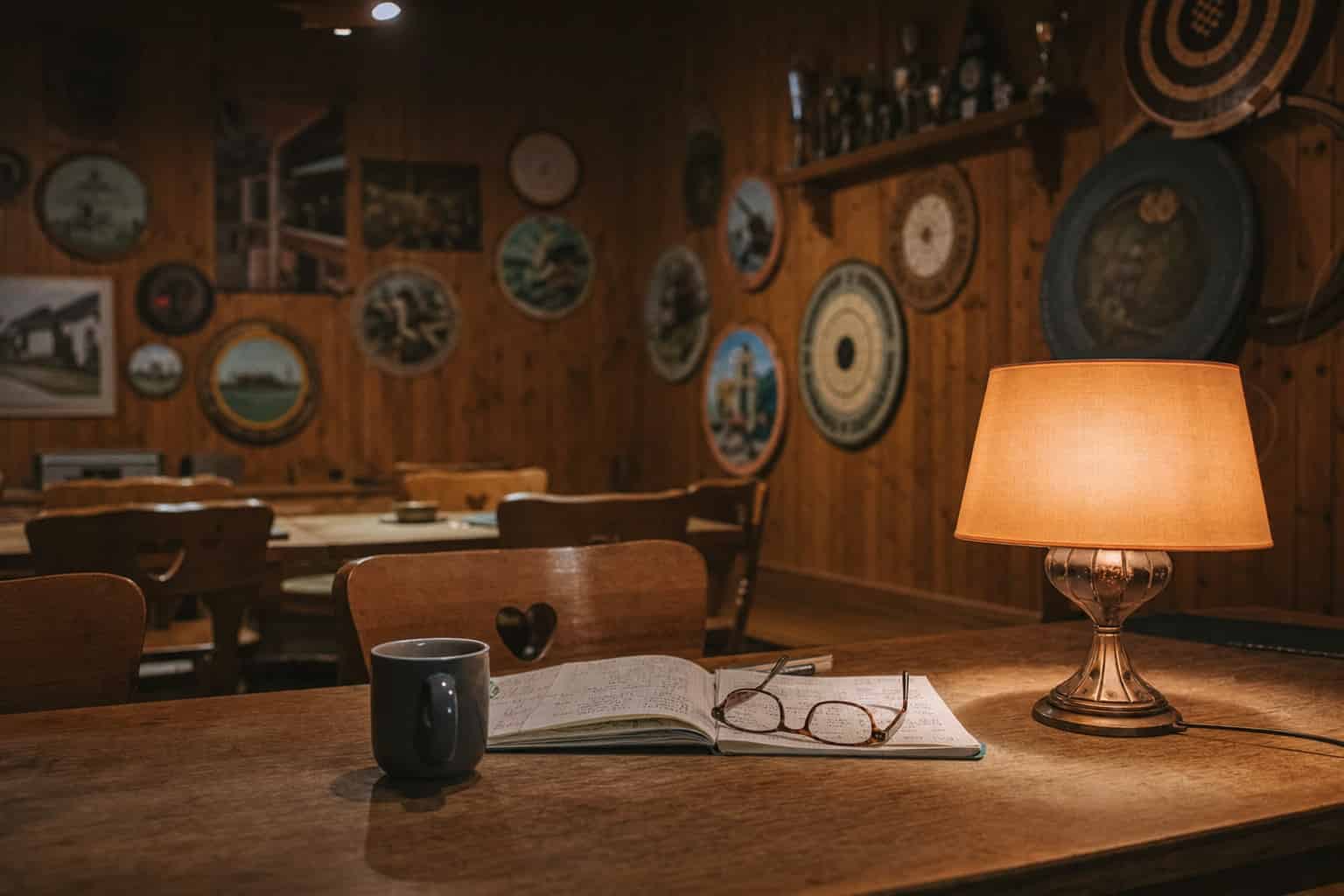 Aufgeschlagenes Buch und Brille auf einem Tisch in einer Schützenstube